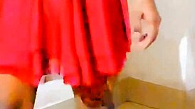 Shemale sissy pisses on her own body in humiliation