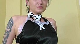 The busty teen in stockings teases amazingly with her shaved body.