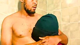 hardcore interracial threesome banging in tight bathroom space