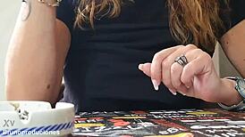 Naughty mature whore jerks off to lactating tits in kitchen