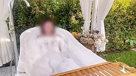 Asian student slut takes a bold bath in rice field, getting doggystyle creampie