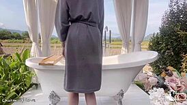 Asian student slut takes a bold bath in rice field, getting doggystyle creampie