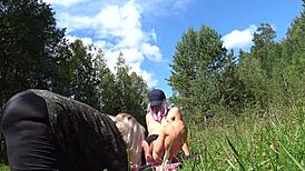 Lesbian with Juicy Booty Photographed in Nature Before Hairy Pussy Doggystyle Dildo Fuck