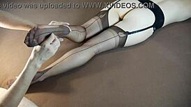 Does the horny milf get a soles massage in stockings?