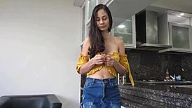 Horny teen neighbor gets creampied in doggystyle at home with natural tits.