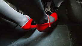 Redhead Pumps Pedals in Heels on Way to Office, Hidden Voyeur