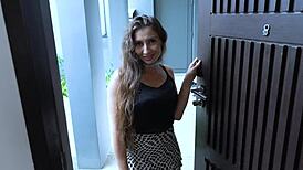 Gorgeous brunette babe sucks my cock wearing a condom