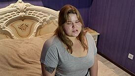 Chubby stepsister in dress swallows hard cock and cumshot