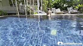Hey babe, take a swim and get my cock poolside, the hot couple teases