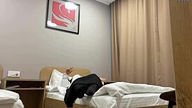 Turkish stepmom masturbates in pantyhose for stepson, showing off her big ass and tits.