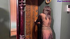 hey, mature Lola gets naughty in sheer blouse and pantyhose with young lover