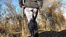 mother-in-law's big ass bent over in leggings in nature, doggystyle fuck