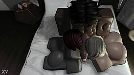 Blonde and redhead bent over for big black cock threesome.