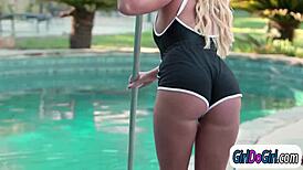 blonde wife cheats on husband with hot poolgirl, facesitting and fingering 😈