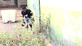 Big-dicked head boy fucks short classmate at principal's window