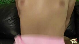 Skinny 18+ brunette strips down for her lover's deep anal plunge