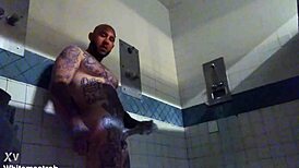 Prison inmate masturbates solo with wet cumshot on big white tattooed cock