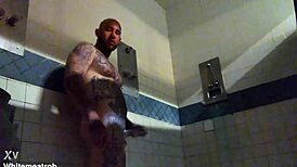 Prison inmate masturbates solo with wet cumshot on big white tattooed cock