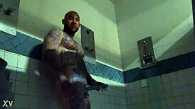 Prison inmate masturbates solo with wet cumshot on big white tattooed cock