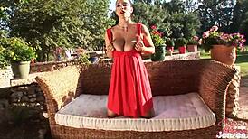 Jelena Jensen Shows Off Hairy Trimmed Pussy in Outdoor Solo Play