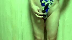 Gorgeous Gold Leotard Babe Endures Long Anal Plug Training