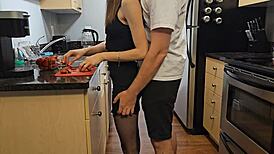 Petite step sister in black dress fucked hard in kitchen!