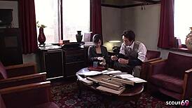 Japanese teen secretary sucks fat cock of old guy!