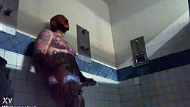 Prison inmate masturbates solo with wet cumshot on big white tattooed cock