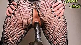 pawg rides big dildo hard in black tights