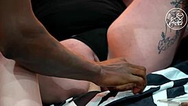 cum eating cuckold as hotwife is blacked, he's watching her kiss and swallow