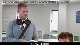 Slave milf gets cowgirl blowjob at freeuse office.