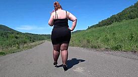 mature bbw in nylon pantyhose and high heels walks public road for foot fetish