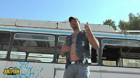 martyr fucks young brunette with big tits on the bus in passionate encounter