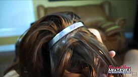 Reagan the petite brunette starts with deep fingering of her wet pussy. Then she takes intense pounding and a facial cumshot.