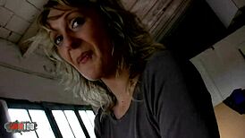 feeling the rush as skinny french blonde milf gets assfucked for cash in warehouse