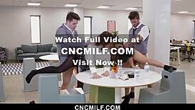 Slave milf gets cowgirl blowjob at freeuse office.