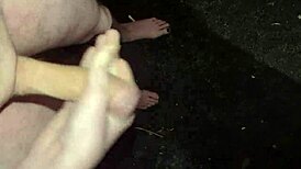 Amateur masturbates big cock naked outdoors at night