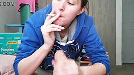 Brunette babe in hoodie gives an amazing blowjob