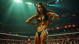 Amazon wrestler flexes muscles, showcasing her muscular physique!