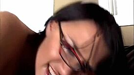 eva angelina keeps her glasses on while deepthroating and riding in this hard one on one scene with moaning and kissing