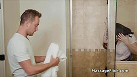 curvy wet plumber gags on masseur's cock