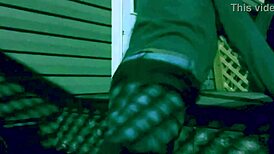 Watch the time lapse of a skinny woman stretching against steps at night, highlighting her legs and ass in leggings!