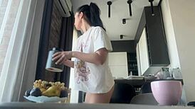 Sexy Fit Brunette Does Housework Without Panties