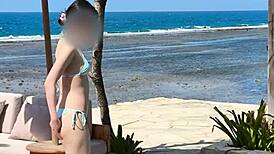 Beautiful Asian Teacher in Blue Bikini Shows Legs at College