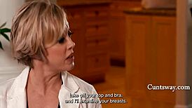 Whoa, busty stepmom Dee Williams helps tiny Asian stepdaughter Kimmy Kimm with boob worries through scissoring! 😍