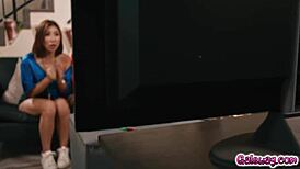 Steamy foursome with sexy ladies nicole doshi hailey rose and ameena green and blake blossom while watching a football game