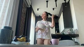 Sexy Fit Brunette Does Housework Without Panties