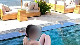 Beautiful Asian Teacher in Blue Bikini Shows Legs at College