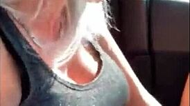 Amazing blonde masturbates with fingering to orgasm outdoors in car