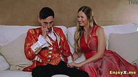 Light-Haired Blonde in Tights Cherishes Shaved Pussy Cock Sucking Session